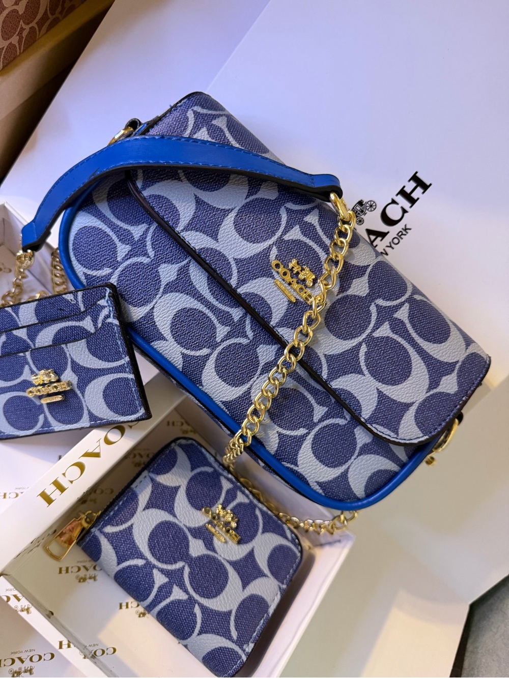 Coach Blue Signature Chain Crossbody with Gold Hardware
